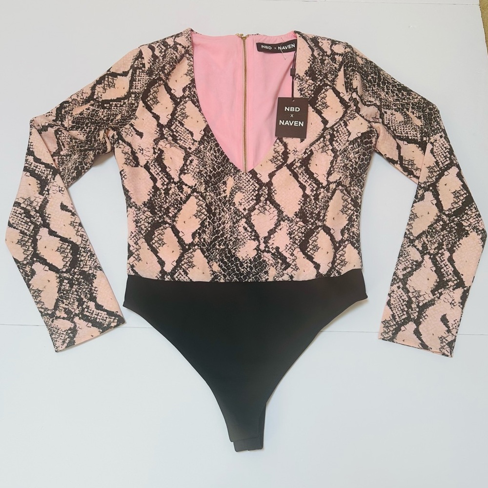 NBD x Naven Pink and Black Snake Print Woman’s Bodysuit New Small